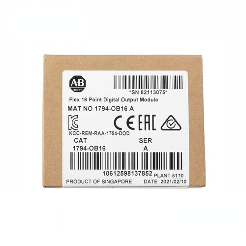 Allen-Bradley 1794-OB16 FLEX I/O Digital Output Module box, features product information, and certifications.