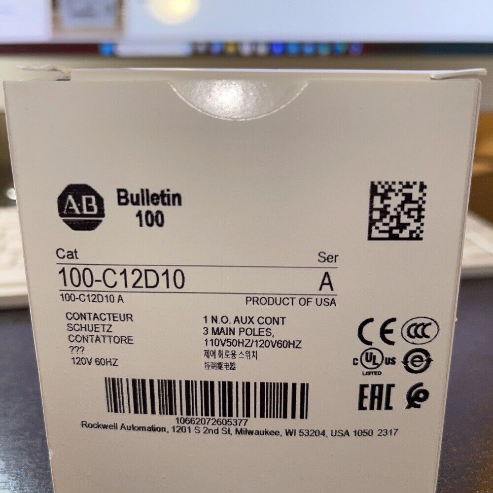 Allen-Bradley 100-C12D10 contactor product label, 120V 60Hz with certifications
