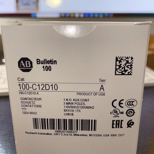 Allen-Bradley 100-C12D10 contactor product label, 120V 60Hz with certifications