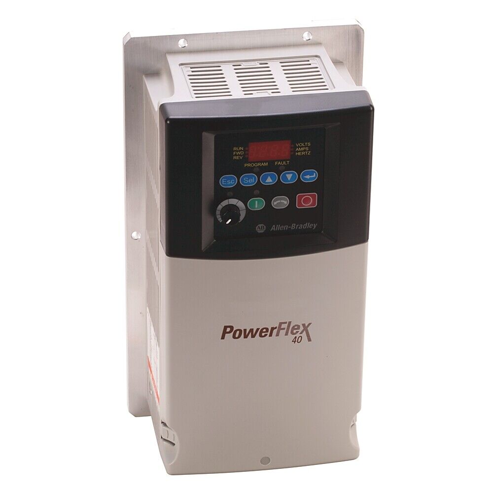 Allen-Bradley PowerFlex 40 AC drive with display and control panel, showing RUN, FWD, REV, and fault status.