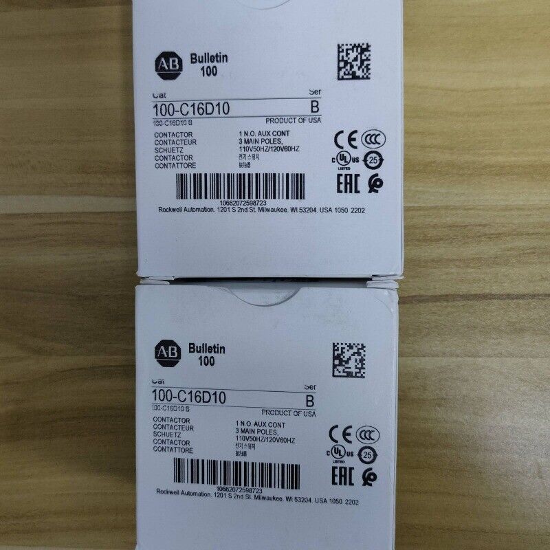 Allen-Bradley 100-C16D10 Contactor box, 16A, 3-pole, with specifications and certifications details.