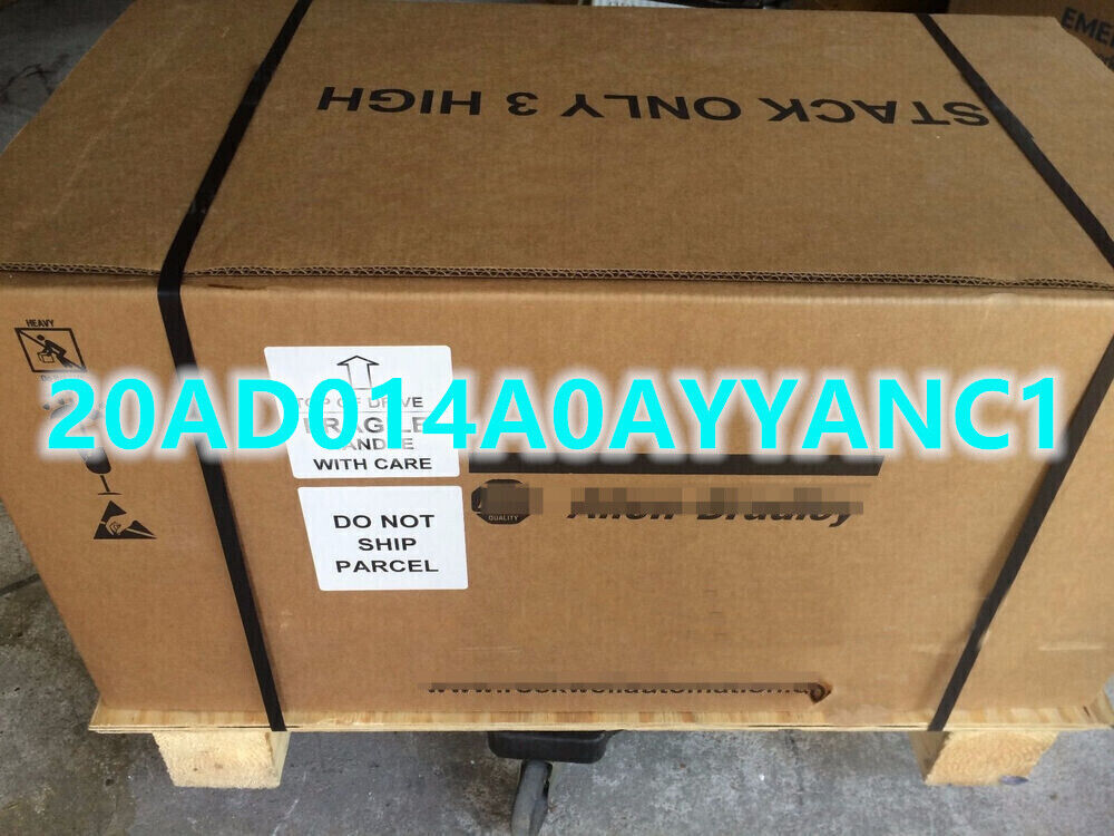 Allen-Bradley 20AD014A0AYYANC1 PowerFlex 70 AC Drive, packaged for shipment, with handling instructions.