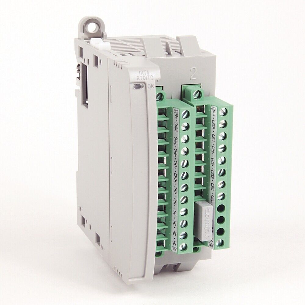 Allen-Bradley Micro850 PLC 2085-IRT4 Analog Input Module, with green terminal blocks and 'IRTA RTD/TC' label.
