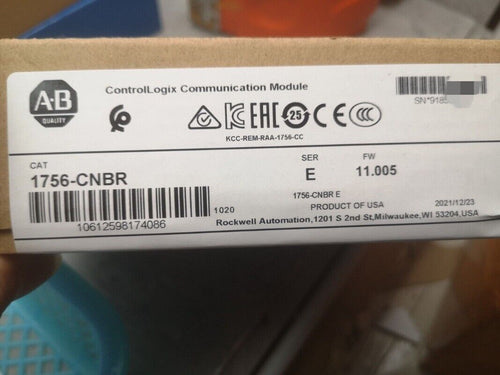 Allen-Bradley 1756-CNBR ControlLogix module box with details: Series E, FW 11.005, manufactured by Rockwell Automation.