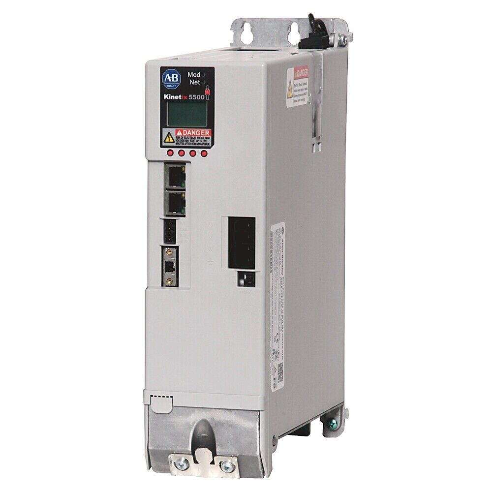 Allen-Bradley Kinetix 5500 servo drive, gray metal enclosure, network connectivity, and safety warning labels.