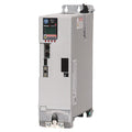 Allen-Bradley Kinetix 5500 servo drive, gray metal enclosure, network connectivity, and safety warning labels.