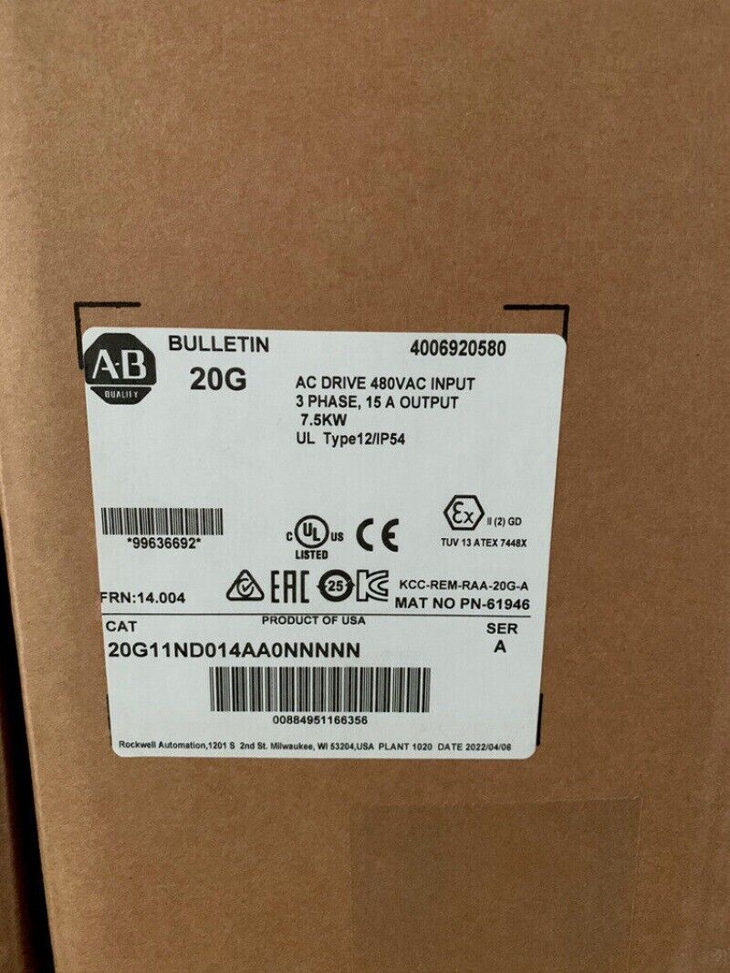 Allen-Bradley 20G11ND014AA0NNNNN AC Drive, 480VAC Input, 7.5KW, NEW IN BOX industrial automation component