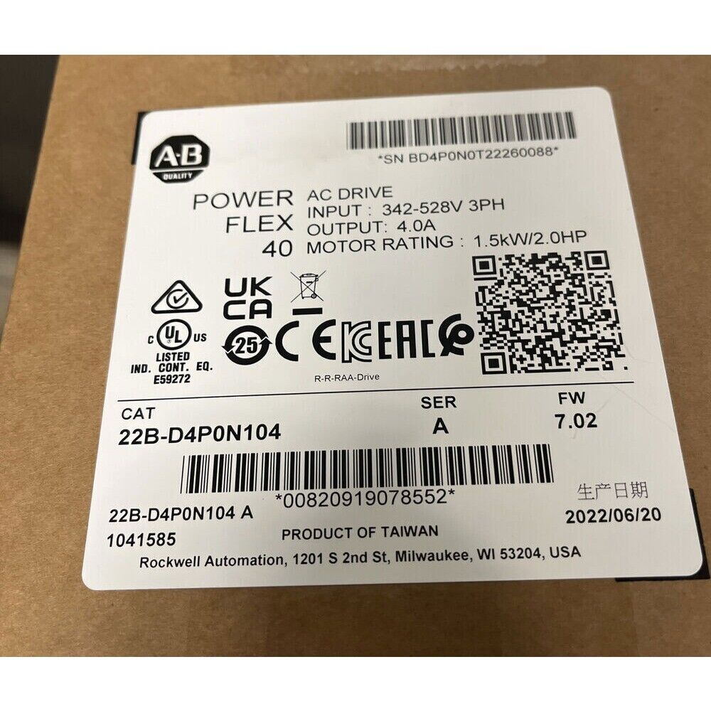 Allen-Bradley PowerFlex 40 AC drive label, model 22B-D4P0N104, 1.5kW/2HP, product of Taiwan, features RS-485 communication.