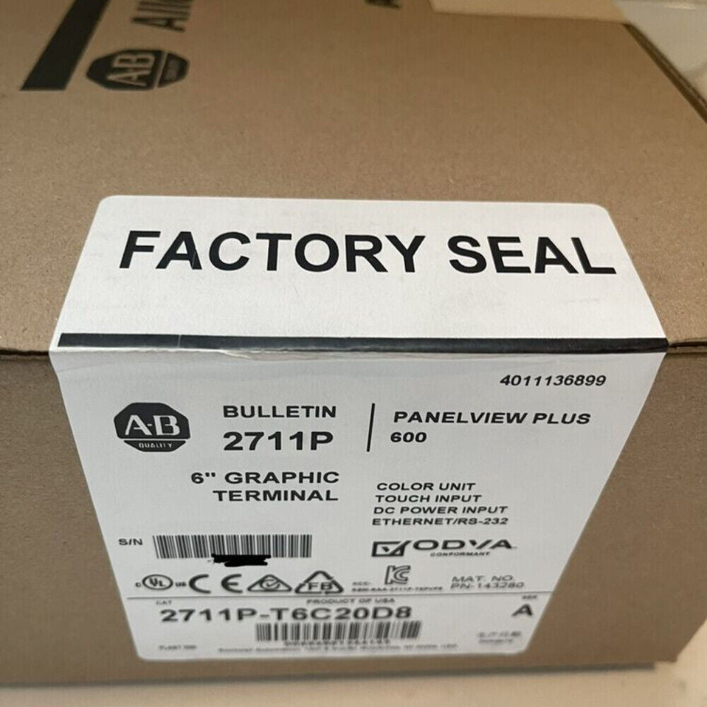 Allen-Bradley 2711P-T6C20D8 PanelView Plus 600 box with factory seal, 6" graphic terminal.