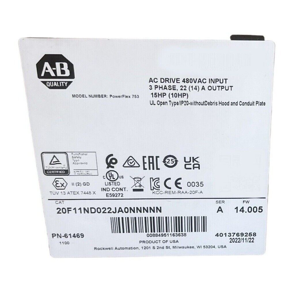 Allen-Bradley PowerFlex 753 AC Drive with specifications: 480VAC Input, 22A Output, 15HP, product code 20F11ND022JA0NNNNN