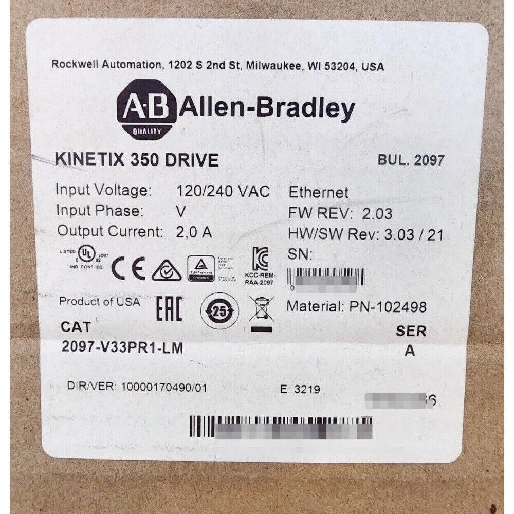 Allen-Bradley Kinetix 350 Drive 2097-V33PR1-LM, industrial automation part, product label.