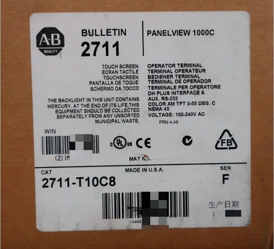 Allen-Bradley PanelView 1000C 2711-T10C8 color touchscreen HMI terminal label, Made in USA.