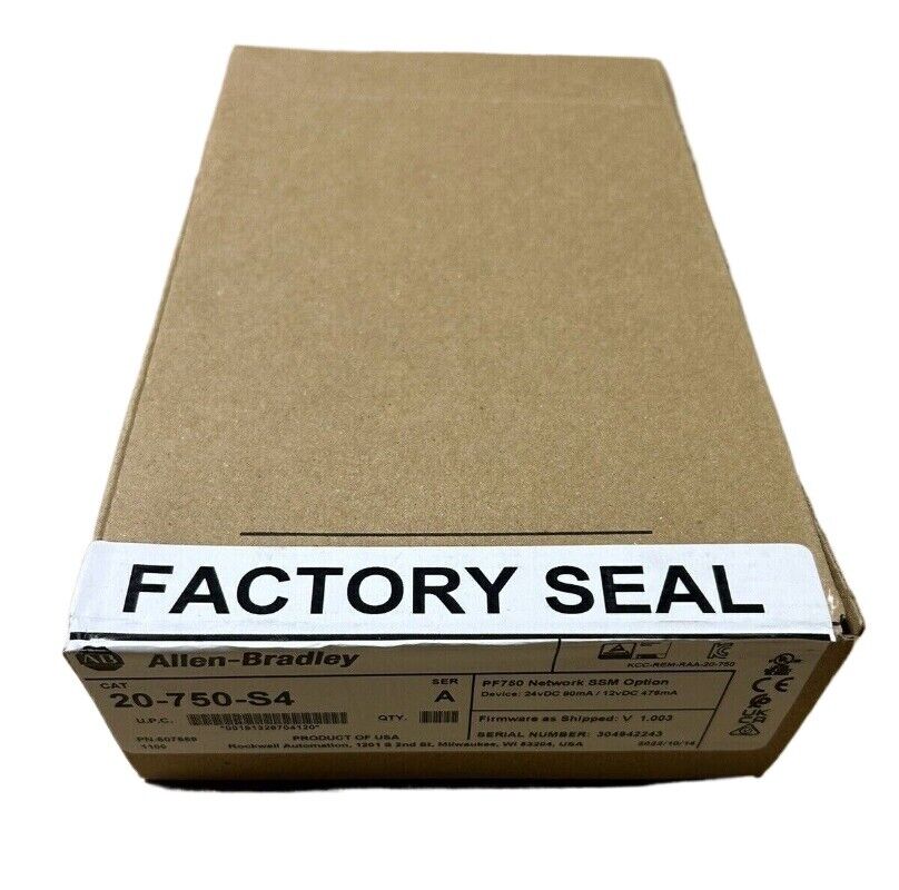 Allen-Bradley 20-750-S4 PLC module in factory sealed box, angled product shot.