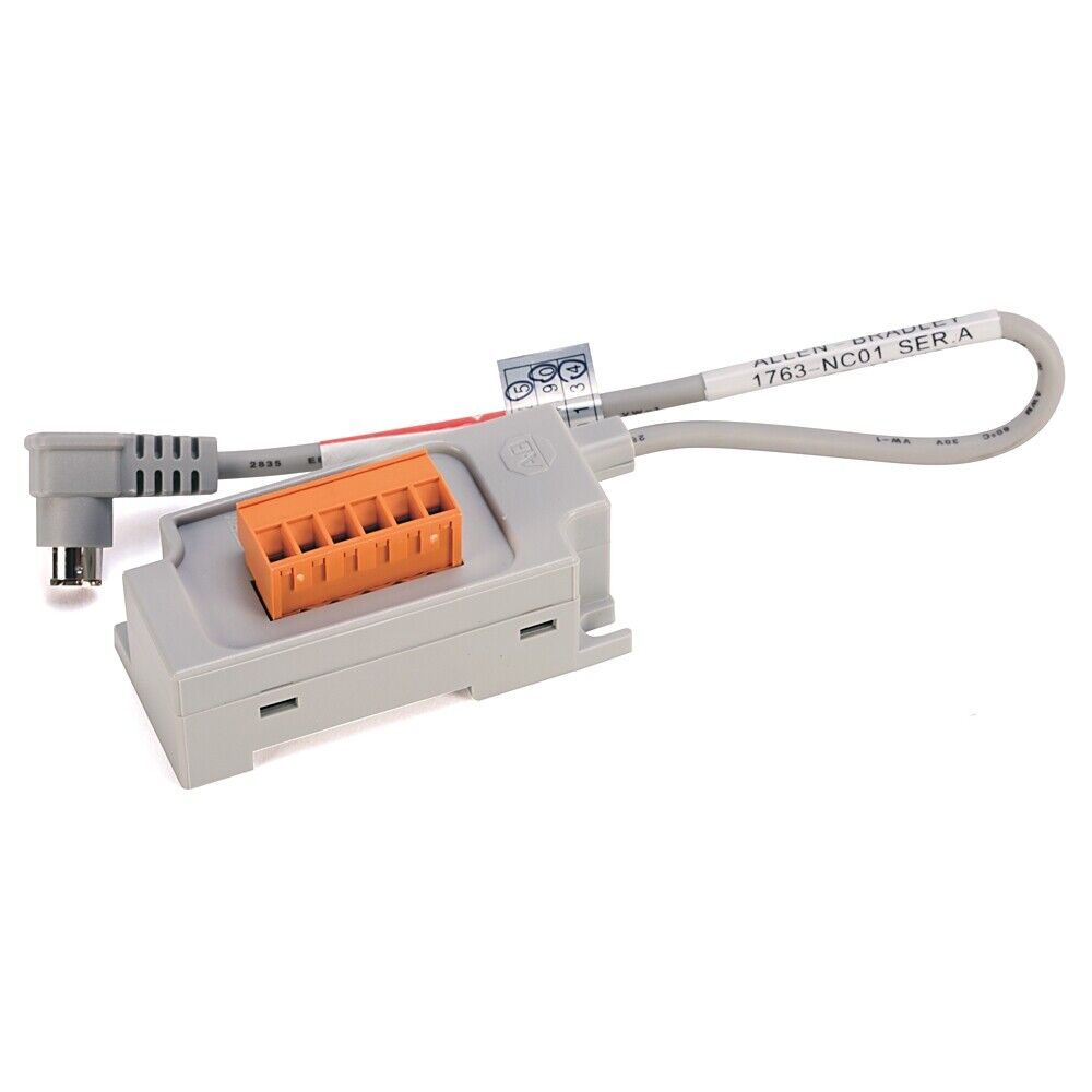 Allen-Bradley 1763-NC01 MicroLogix DH-485 Comm Cable, gray cable with orange terminal block, surplus sealed.