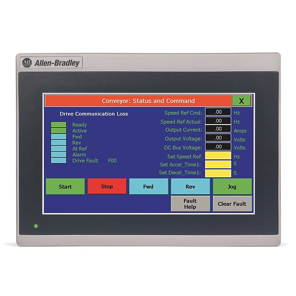 Allen-Bradley PanelView 800 HMI displaying conveyor status and command information.