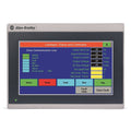Allen-Bradley PanelView 800 HMI displaying conveyor status and command information.