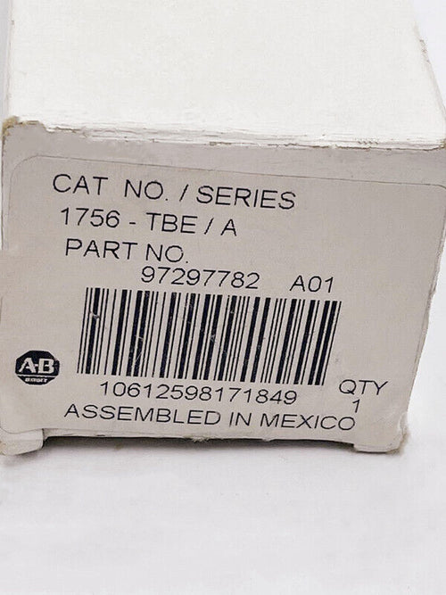 Allen-Bradley 1756-TBE/A RTB box, product label with part number, and barcode. Assembled in Mexico.