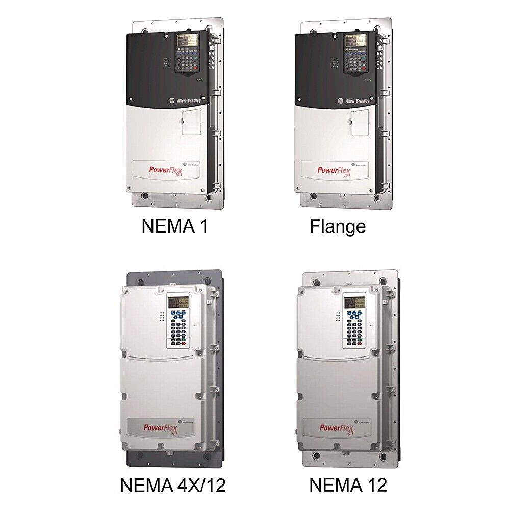 Allen-Bradley PowerFlex 70 AC Drives: NEMA 1, Flange, 4X/12, and NEMA 12 models.