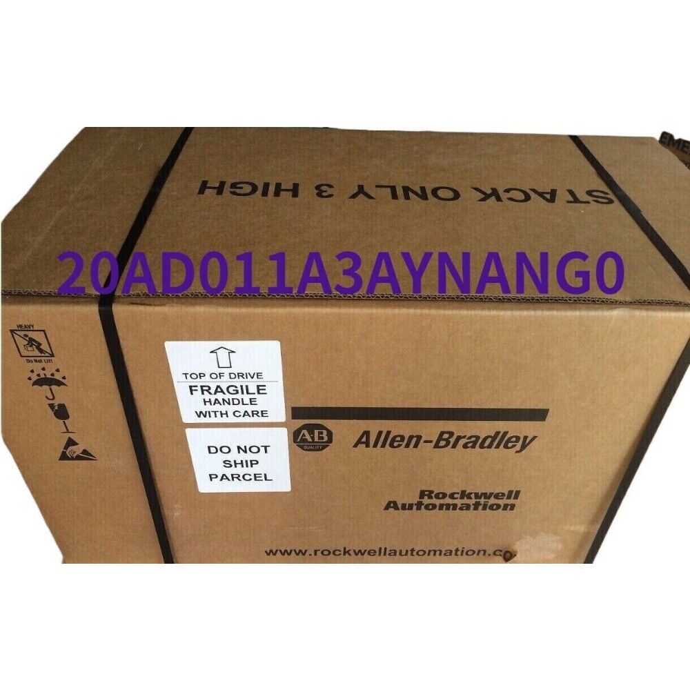 Allen-Bradley PowerFlex 70 AC Drive box. Product code 20AD011A3AYNANGO, with 'Fragile Handle With Care' and shipping labels.