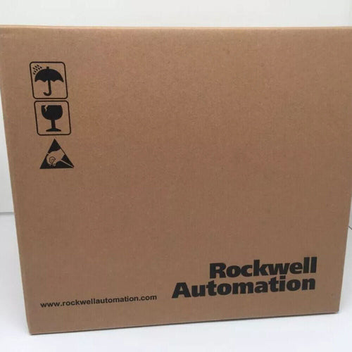 Rockwell Automation cardboard box with handling symbols, Allen-Bradley industrial automation product packaging.