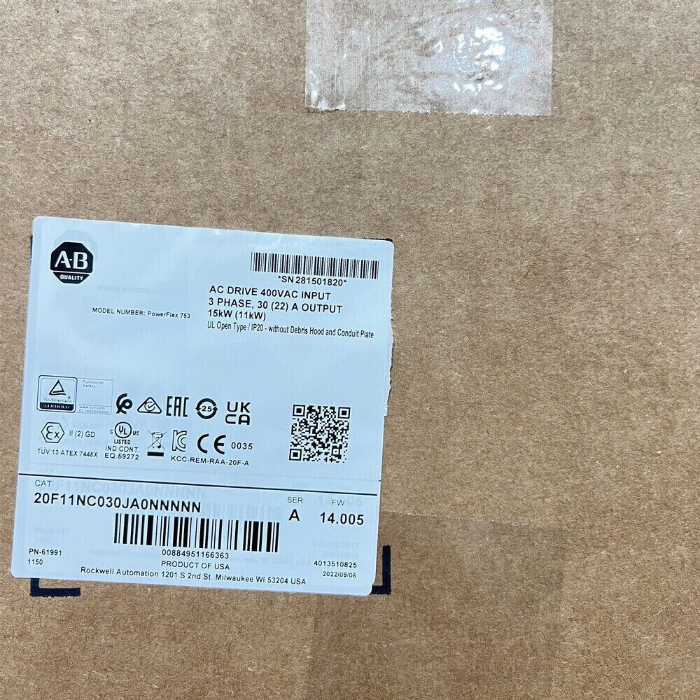 Allen-Bradley PowerFlex 753 AC Drive, 20F11NC030JA0NNNNN, 15kW, industrial automation equipment, product label details
