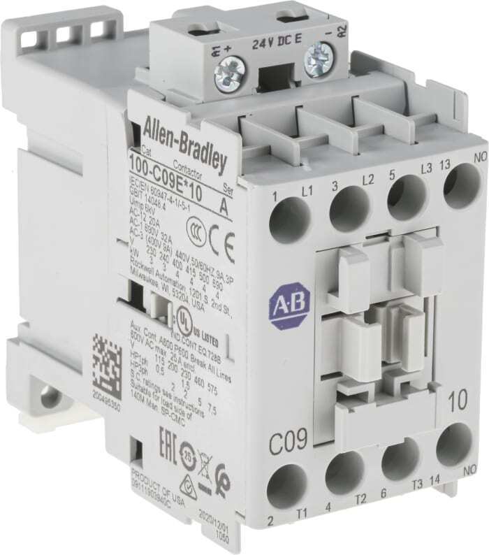 Allen-Bradley 100-C09E*10 IEC Contactor, 9A, with 110–130V AC electronic coil. DIN rail or screw mounting, Compact design.