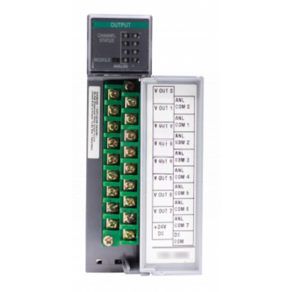 Allen-Bradley 1746-NO8V SLC 500 Analog Output Module with channel status display. Features output and analog labeling.