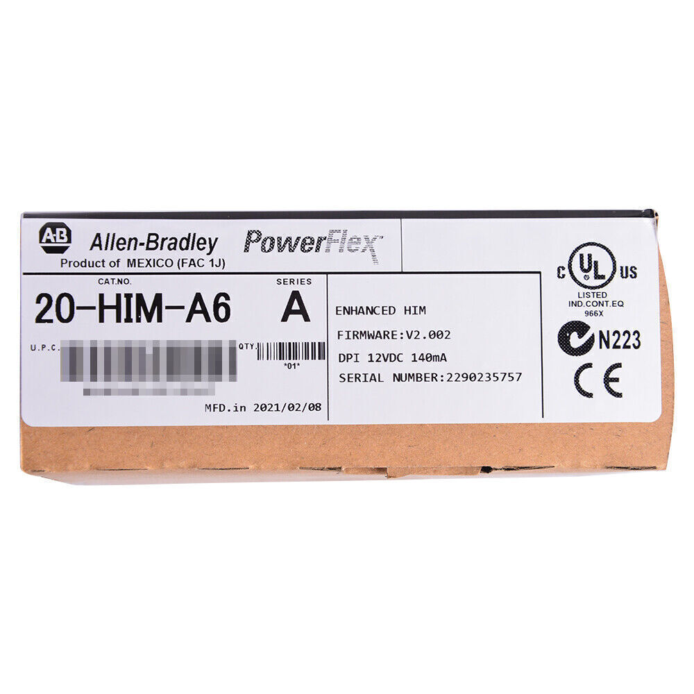 Allen-Bradley PowerFlex 20-HIM-A6 Enhanced HIM module packaging, featuring product information and certifications.