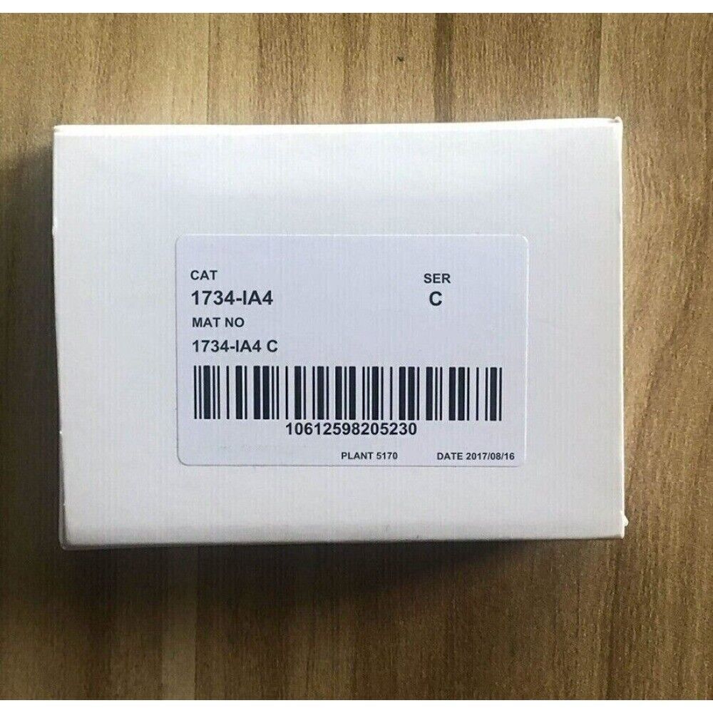Allen-Bradley 1734-IA4 4-channel AC digital input module packaging, product label with model number and barcode.
