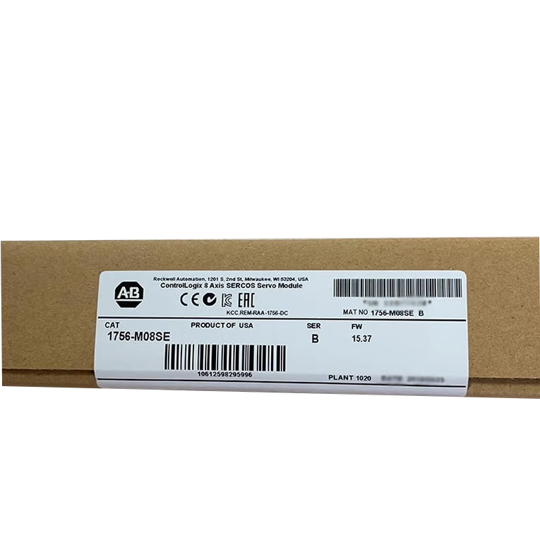 Allen-Bradley 1756-M08SE ControlLogix Servo Module product label, Product of USA.
