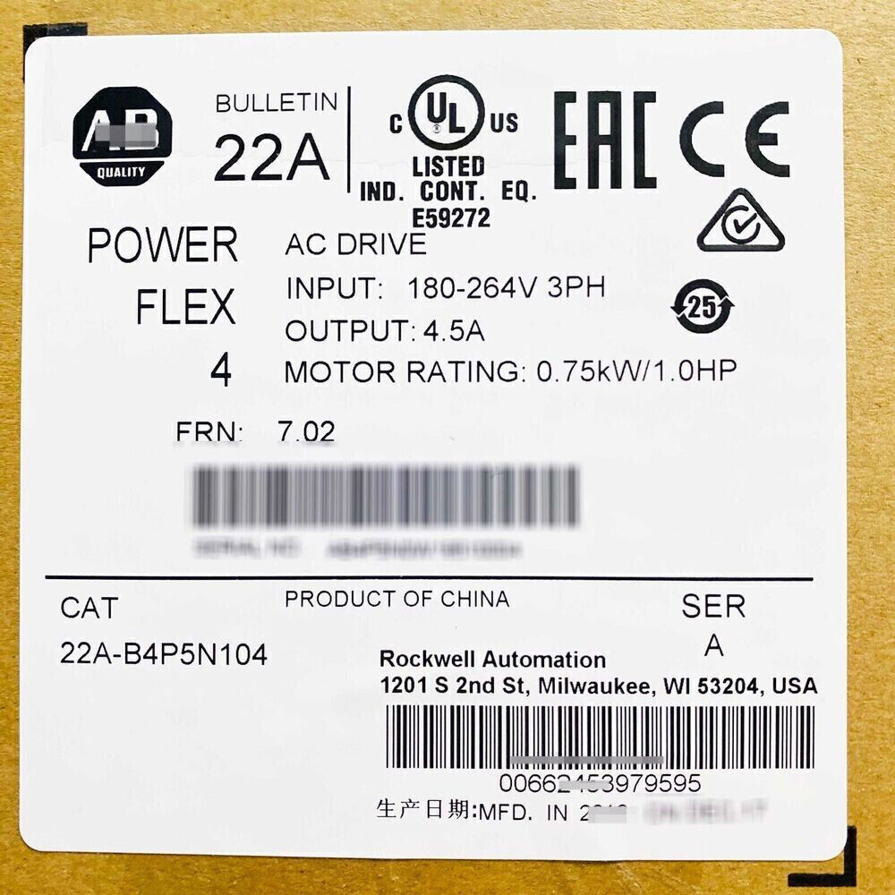 Allen-Bradley PowerFlex 4 AC Drive label, 22A-B4P5N104, 0.75kW/1HP, Rockwell Automation product information.