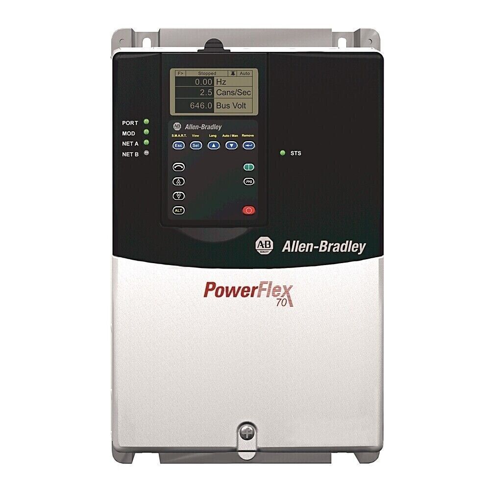 Allen-Bradley PowerFlex 70 AC Drive. Black and white industrial control panel with display showing status.