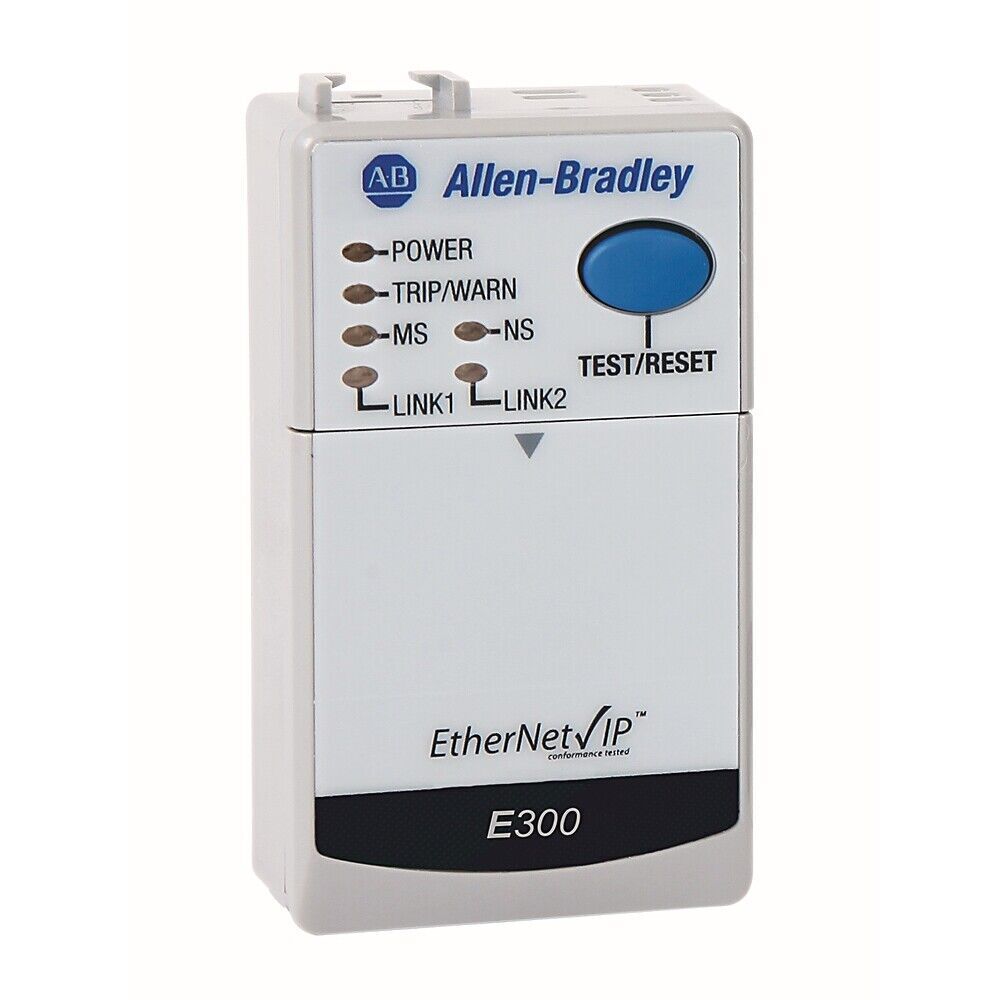 Allen-Bradley E300 EtherNet/IP module with status indicators and a TEST/RESET button for motor protection.