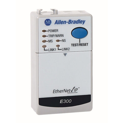 Allen-Bradley E300 EtherNet/IP module with status indicators and a TEST/RESET button for motor protection.