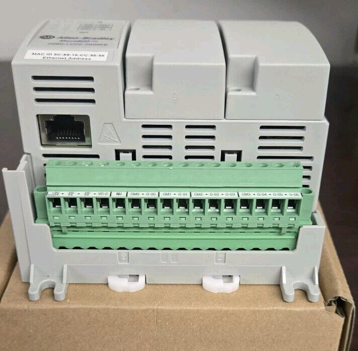 Allen-Bradley 2080-LC20-20QWBR PLC module, featuring Ethernet port, grey housing, and green terminal connectors.