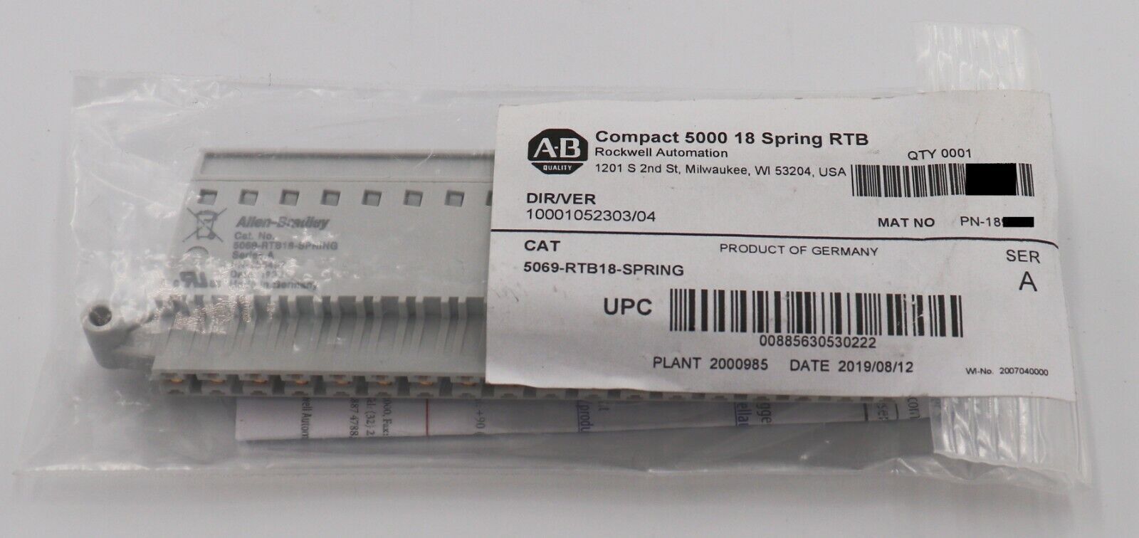Allen-Bradley 5069-RTB18-SPRING terminal block for Compact 5000 I/O. Spring clamp connection, industrial automation part.