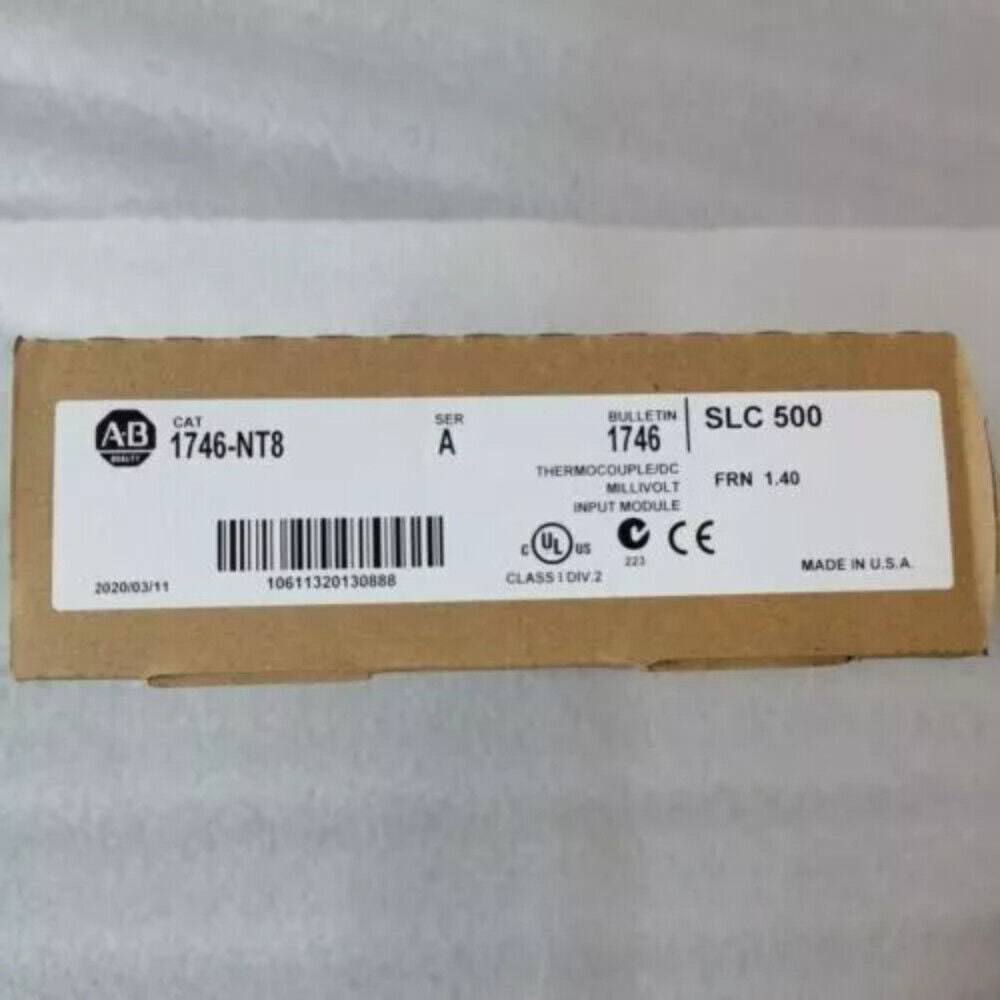 Allen-Bradley 1746-NT8 SLC 500 Thermocouple Input Module Box, featuring product details and certifications.
