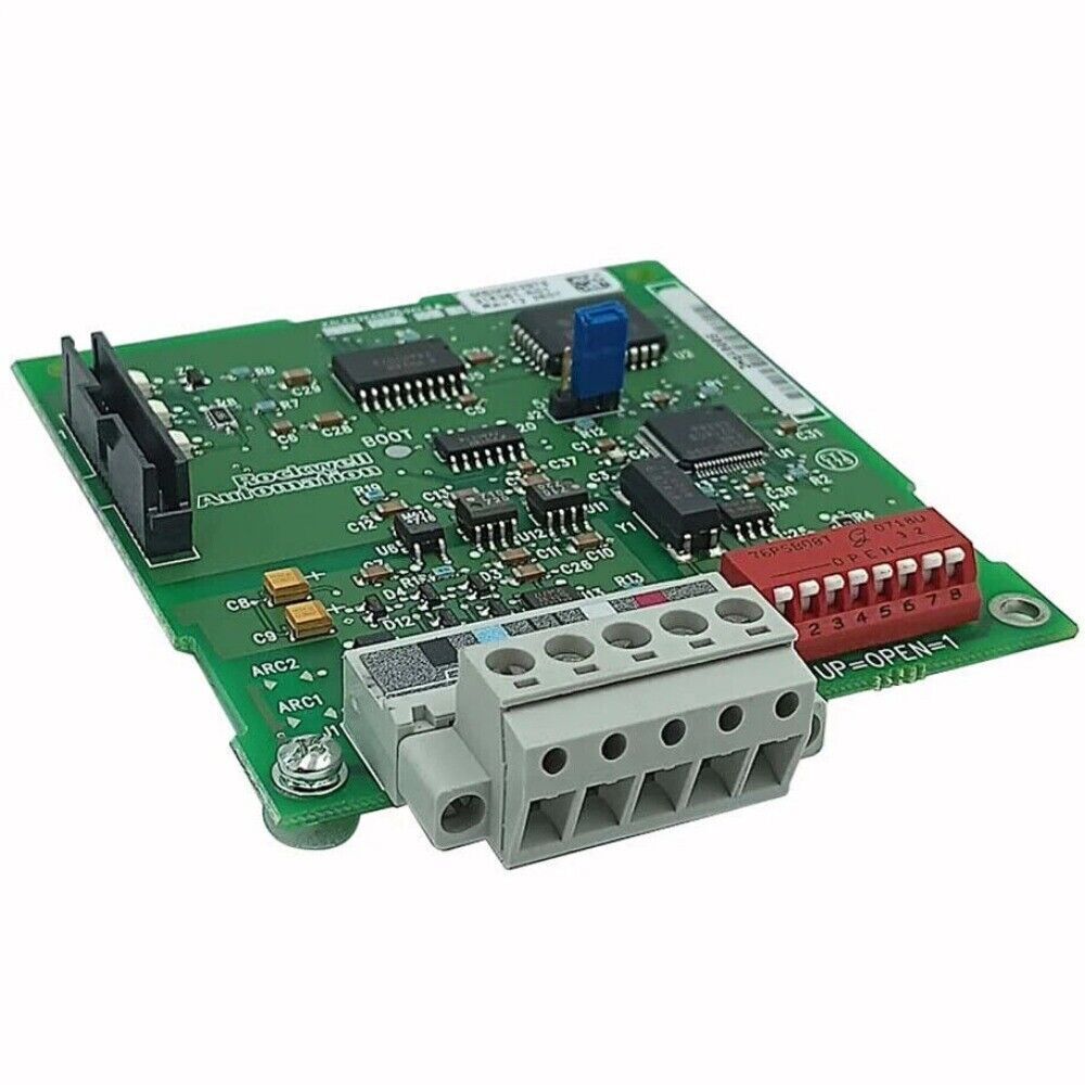 Allen-Bradley 22-COMM-D DeviceNet Adapter, PLC module PCB with Rockwell Automation, terminal block, and DIP switch.