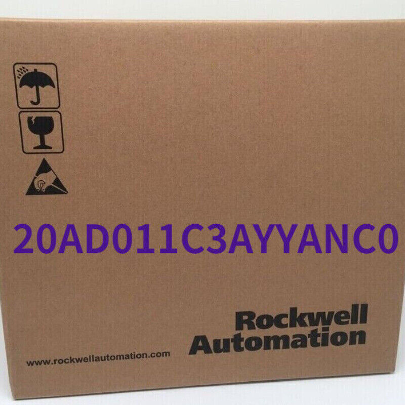 Allen-Bradley 20AD011C3AYYANC0 PLC module packaging, new product with shipping symbols.