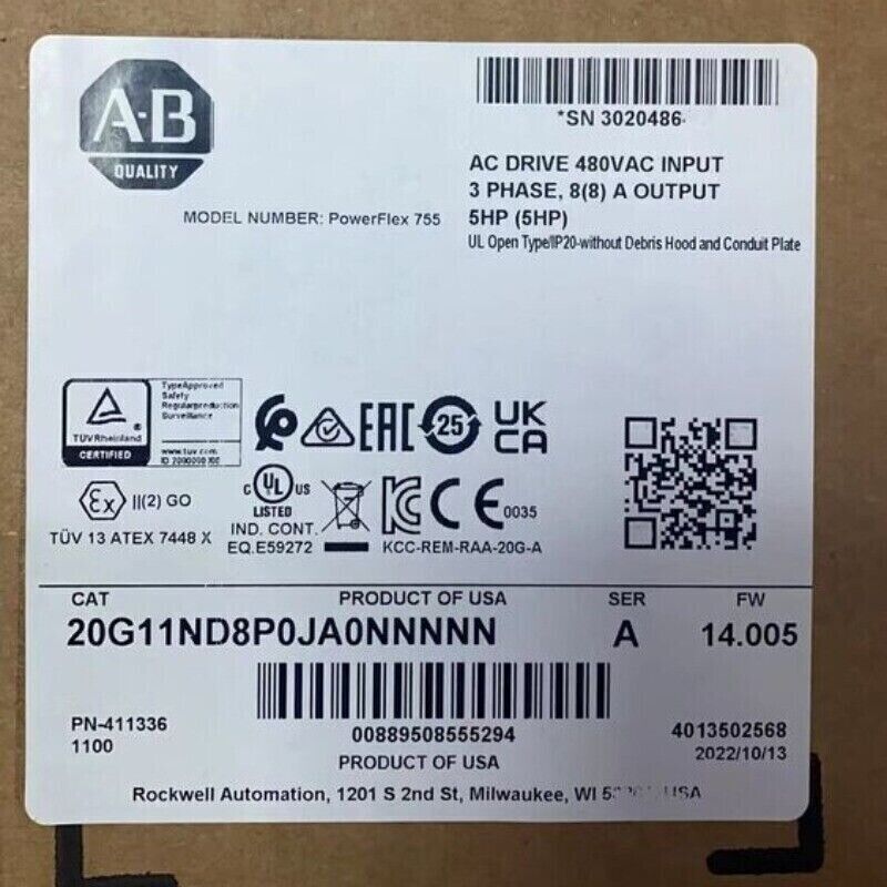 Allen-Bradley PowerFlex 755 AC Drive product label, 20G11ND8P0JA0NNNNN, 5HP, 480VAC input, from Radwell International.