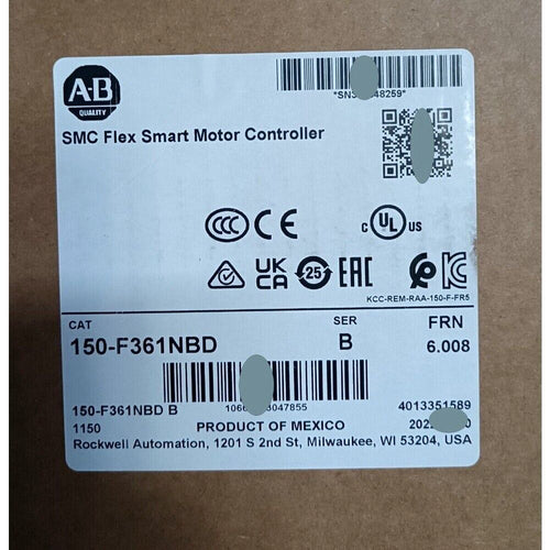 Allen-Bradley 150-F361NBD SMC Flex Smart Motor Controller label with certifications and specifications. Made in Mexico.