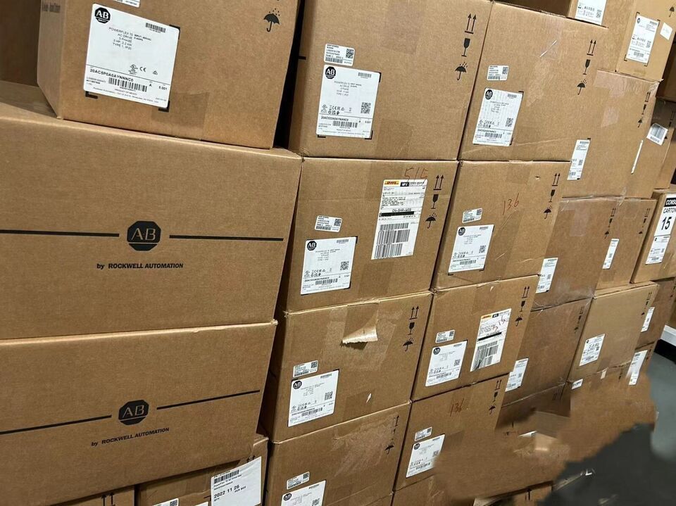 PowerFlex 70 AC Drives in boxes, ready to ship. Allen-Bradley industrial automation parts.