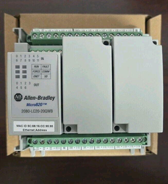 Allen-Bradley Micro820 2080-LC20-20QWB PLC module, featuring Ethernet, gray housing. AB New in Box.