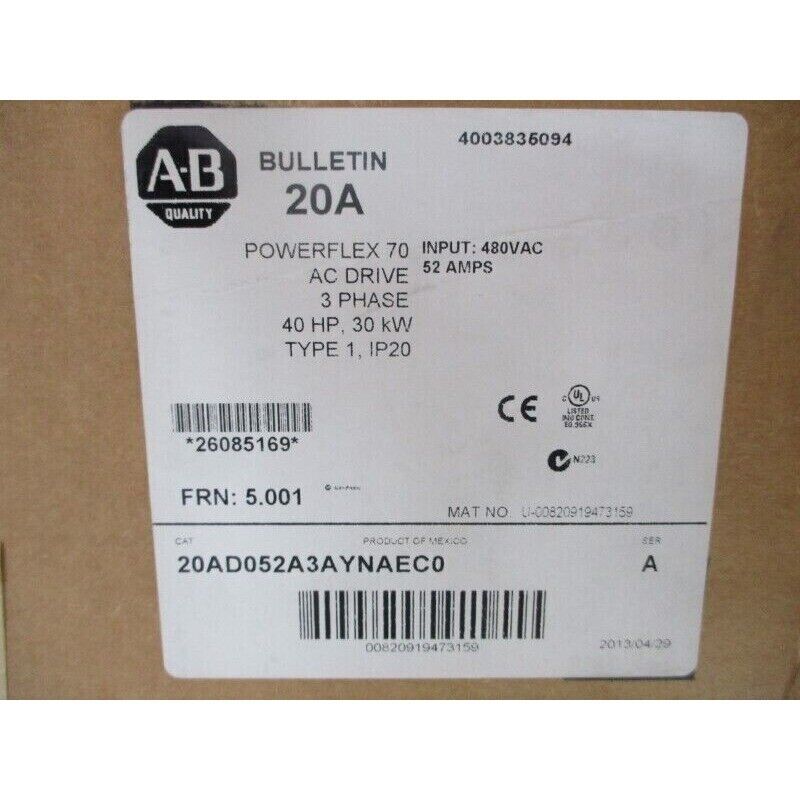 Allen-Bradley PowerFlex 70 AC Drive label: 20AD052A3AYNAEC0, 480VAC, 52 Amps, 3 Phase. Made in Mexico.