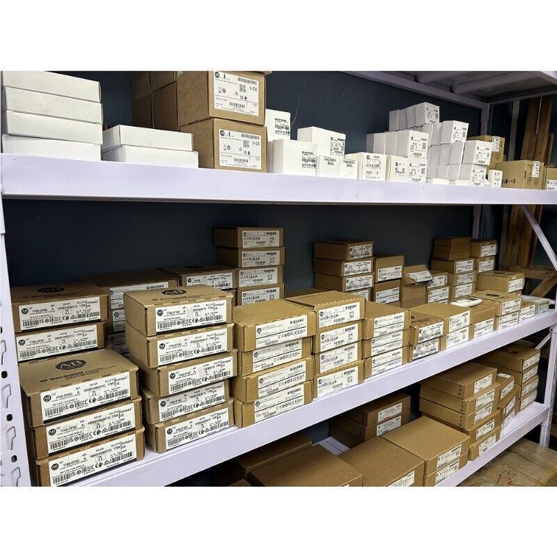 Allen-Bradley PLC modules and automation parts stocked on shelves.