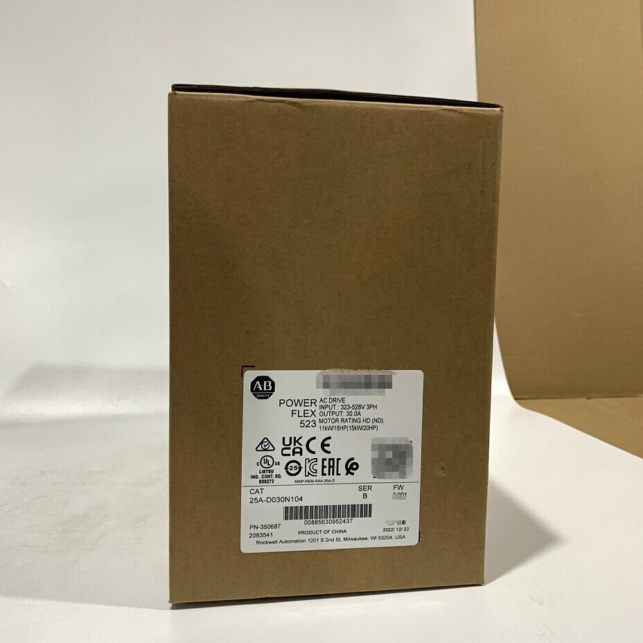 Allen-Bradley PowerFlex 523 AC Drive in box, 25A-D030N104, 15kW, new product view.