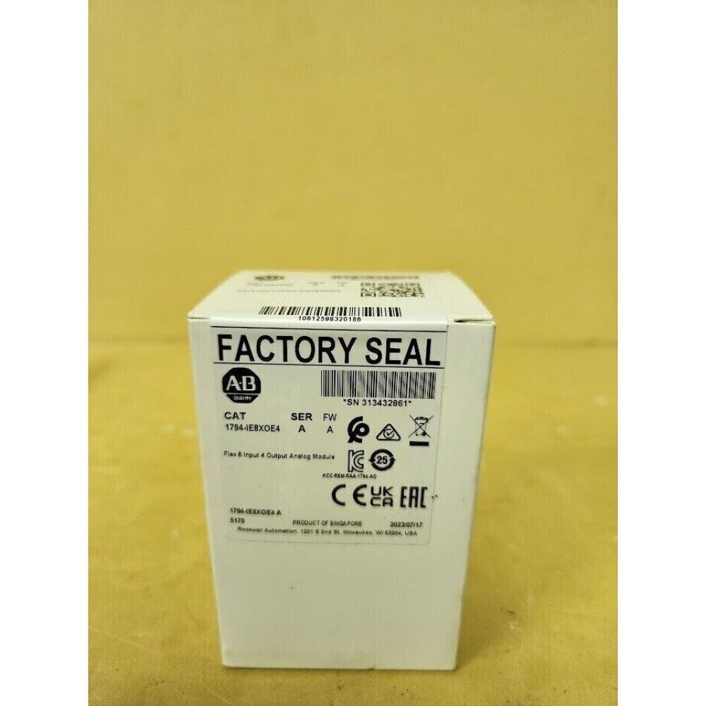 Allen-Bradley 1794-IE8XOE4 Flex I/O Analog Module in factory sealed box, featuring product details and serial number.
