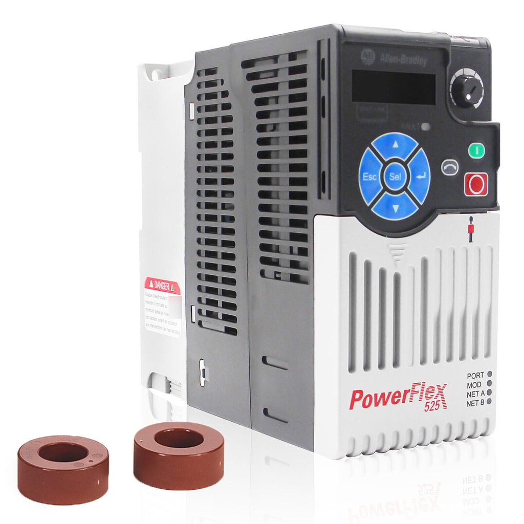 Allen-Bradley PowerFlex 525 AC Drive. Black and gray unit with control panel, red PowerFlex 525 logo and brown accessories.