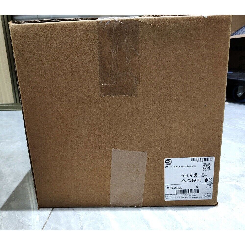 Allen-Bradley 150-F251NBD SMC Flex Smart Motor Controller box, brown cardboard packaging, product details label