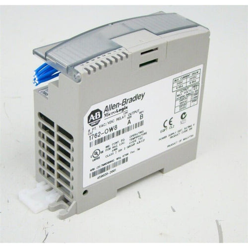 Allen-Bradley 1762-OW8 MicroLogix relay output module. 8-point, AC/DC relay, industrial automation part.